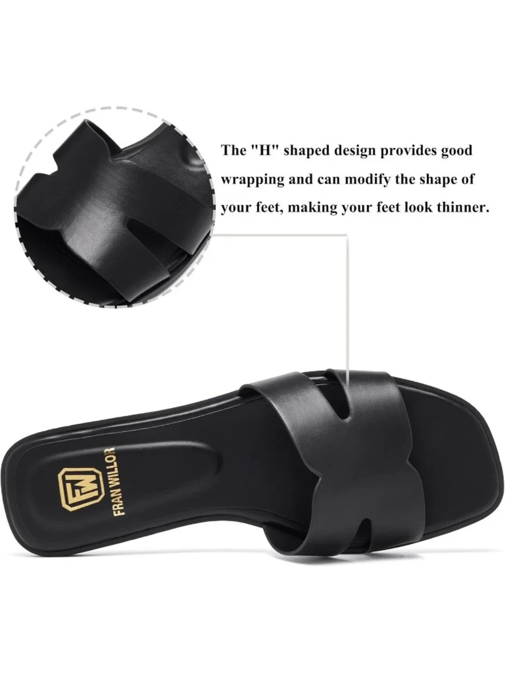 Women's Black Flat Comfortable Slide Fashion Square Open Toe Slip Beach Sandal